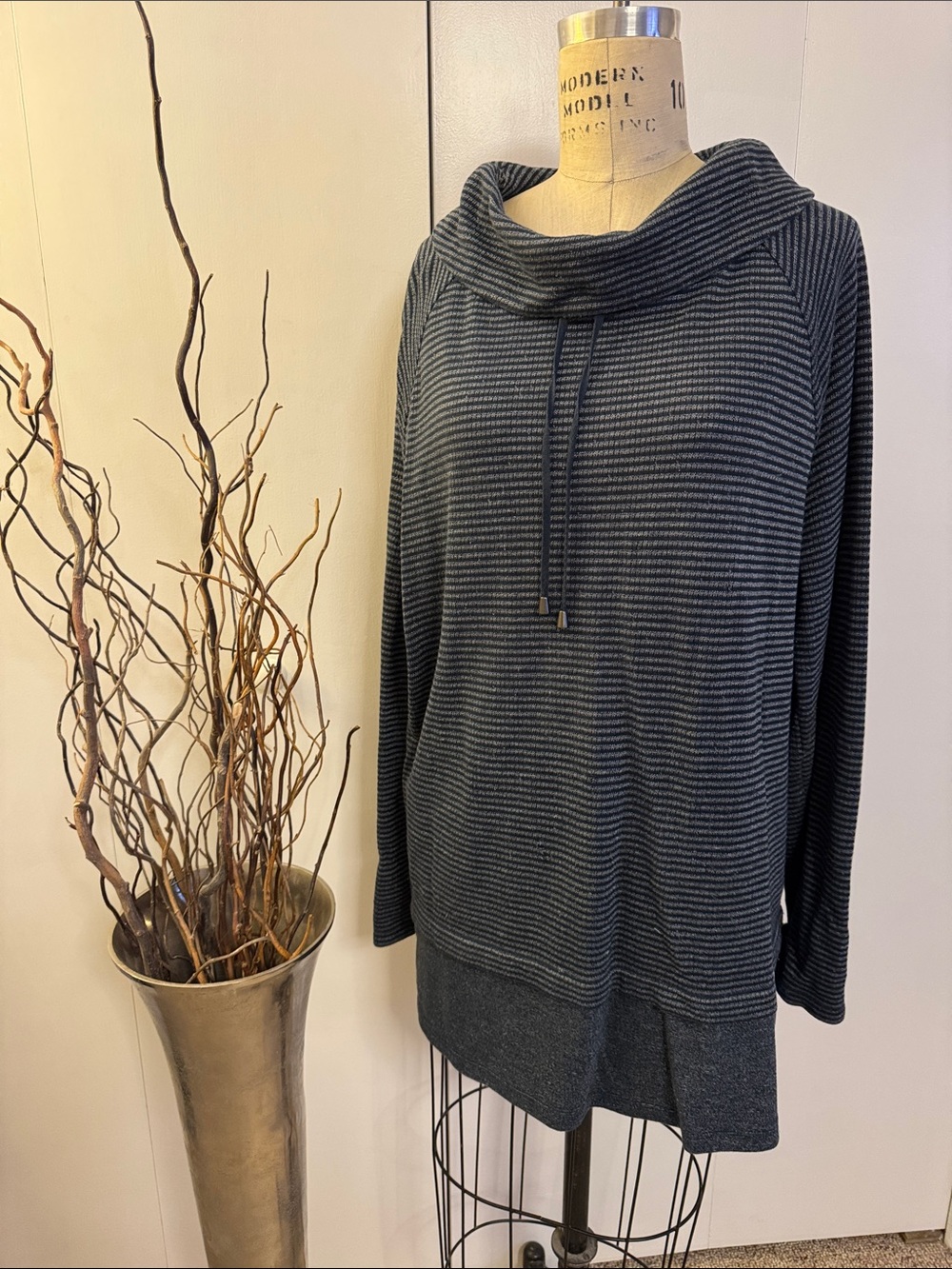 J. Jill Striped Cowl Neck Tunic Sweater - Dark Gray - Picture 1 of 6